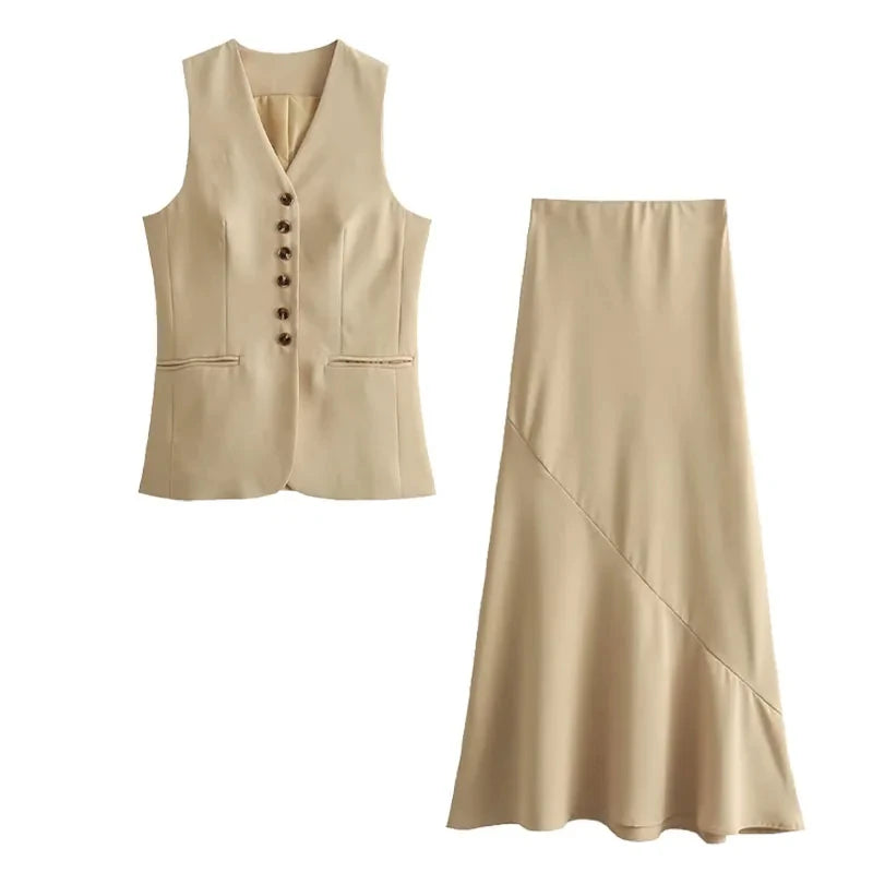 IMIEMIE TRAFZA Women Vest Skirt Sets Female Khaki Long Blazer Vest V Neck Sleeveless Slim Top+Elegant High Waist A Line Skirt Suit TRAF