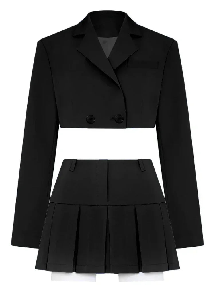 IMIEMIE Taruxy Casual Two Piece Sets Women's Outfits 2024 New Black Matching Sets With Skirt And Blazer Cropped Top Skirt Sets For Women