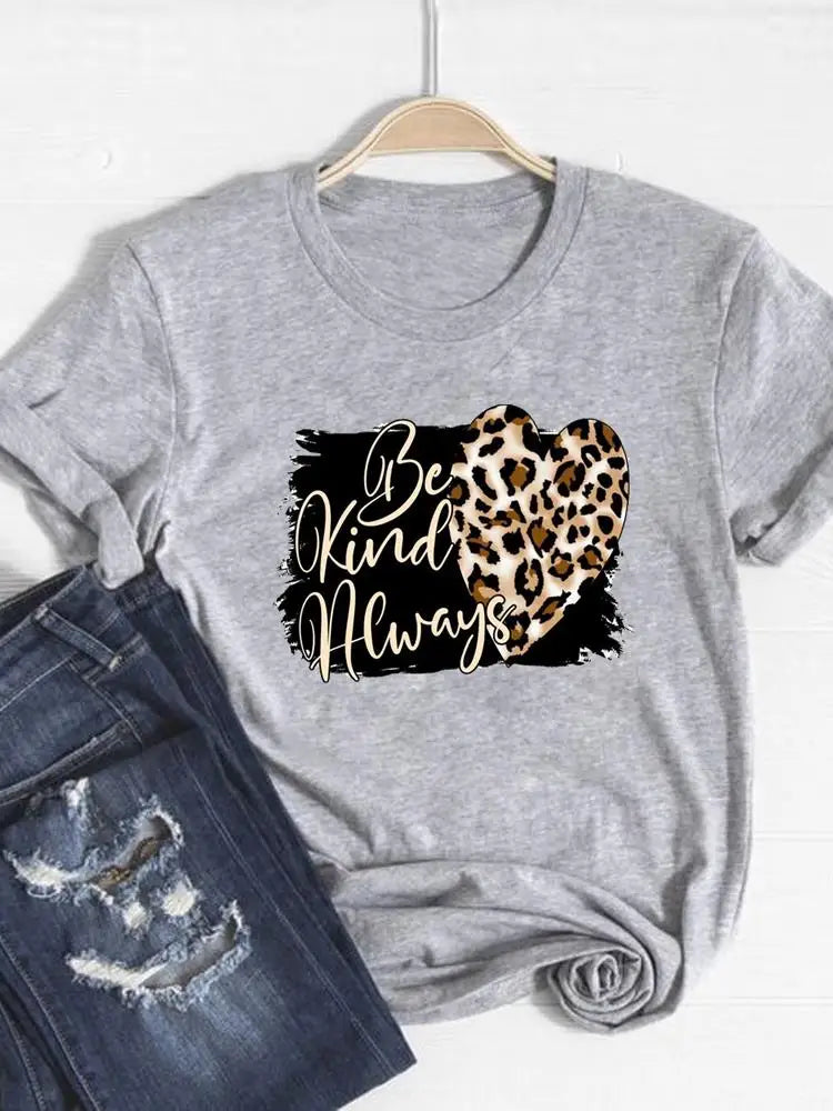 IMIEMIE Tee Basic Clothing Women Clothes Print T Shirt Leopard Love Heart Trend Cute Summer Top Fashion Short Sleeve Graphic T-shirt