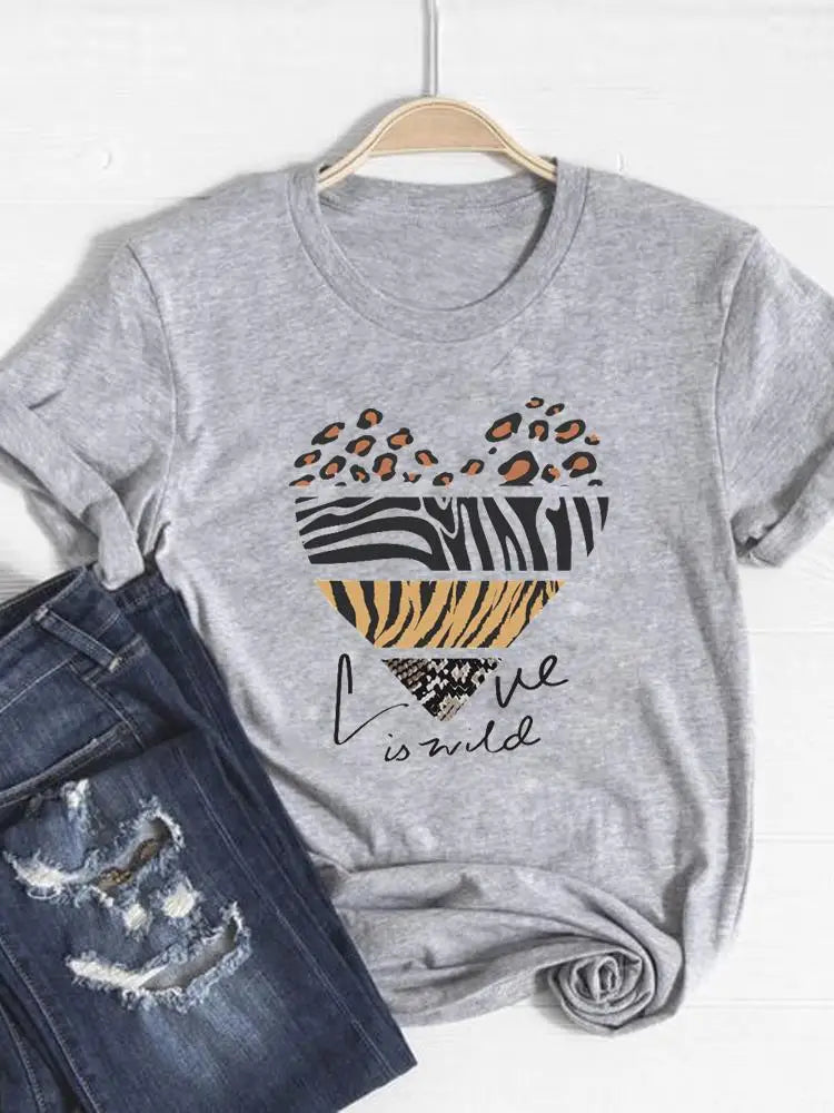 IMIEMIE Tee Basic Clothing Women Clothes Print T Shirt Leopard Love Heart Trend Cute Summer Top Fashion Short Sleeve Graphic T-shirt