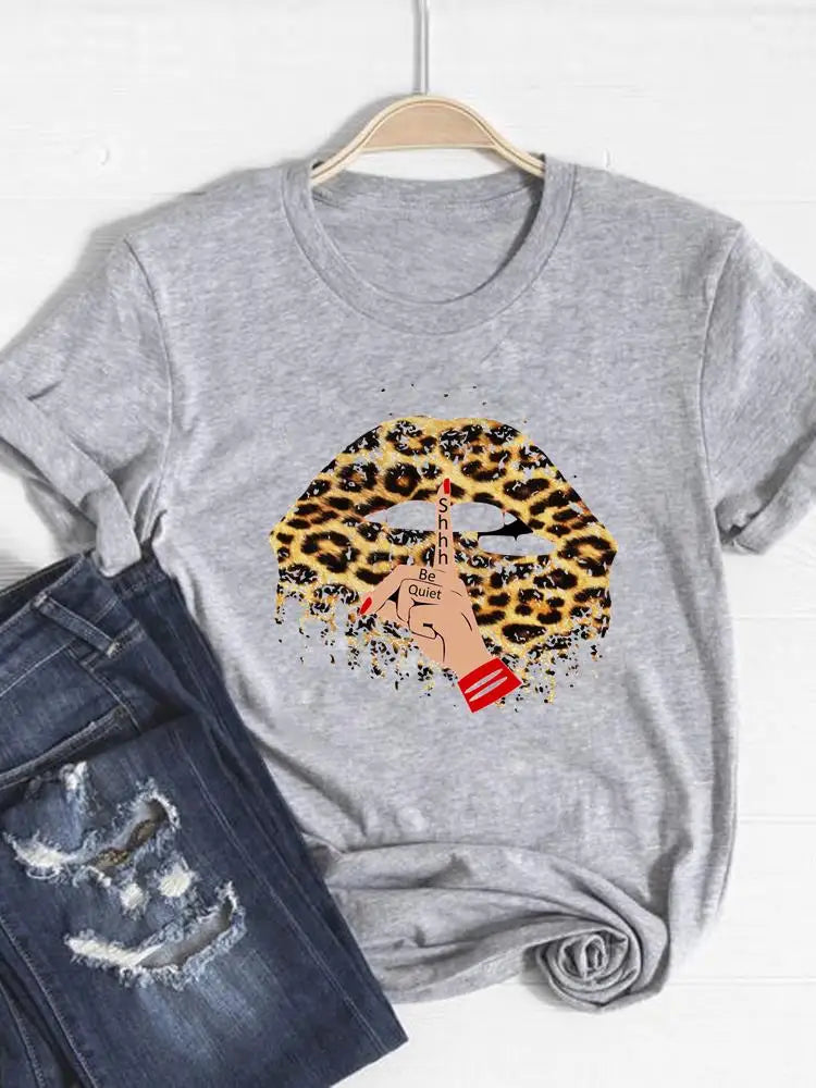 IMIEMIE Tee Basic Clothing Women Clothes Print T Shirt Leopard Love Heart Trend Cute Summer Top Fashion Short Sleeve Graphic T-shirt