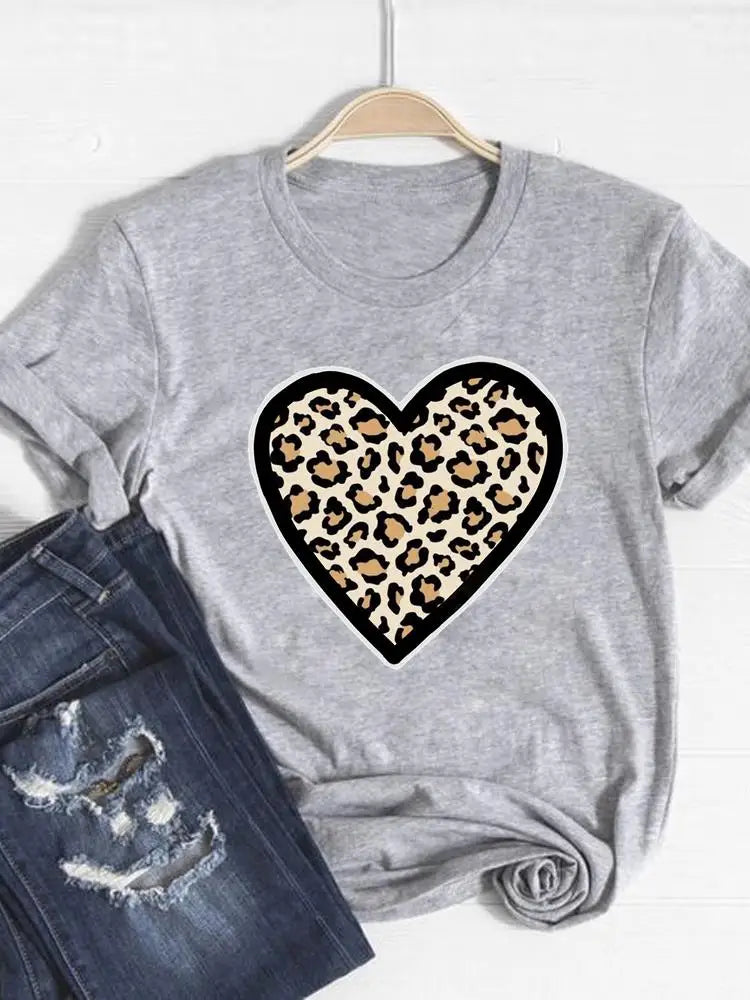 IMIEMIE Tee Basic Clothing Women Clothes Print T Shirt Leopard Love Heart Trend Cute Summer Top Fashion Short Sleeve Graphic T-shirt