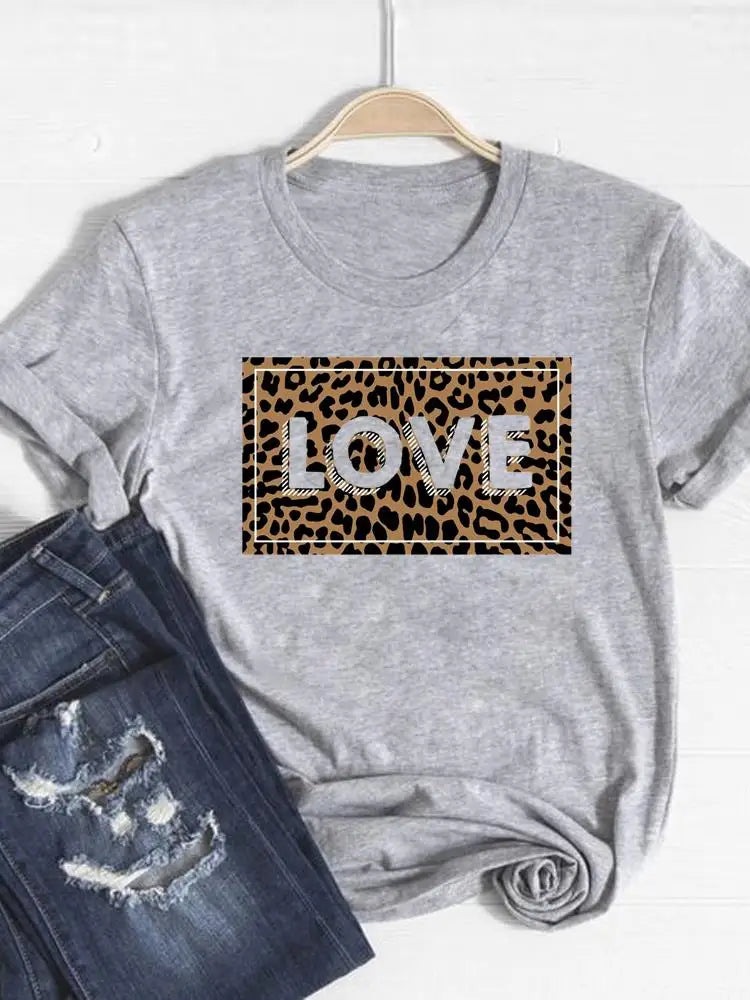 IMIEMIE Tee Basic Clothing Women Clothes Print T Shirt Leopard Love Heart Trend Cute Summer Top Fashion Short Sleeve Graphic T-shirt