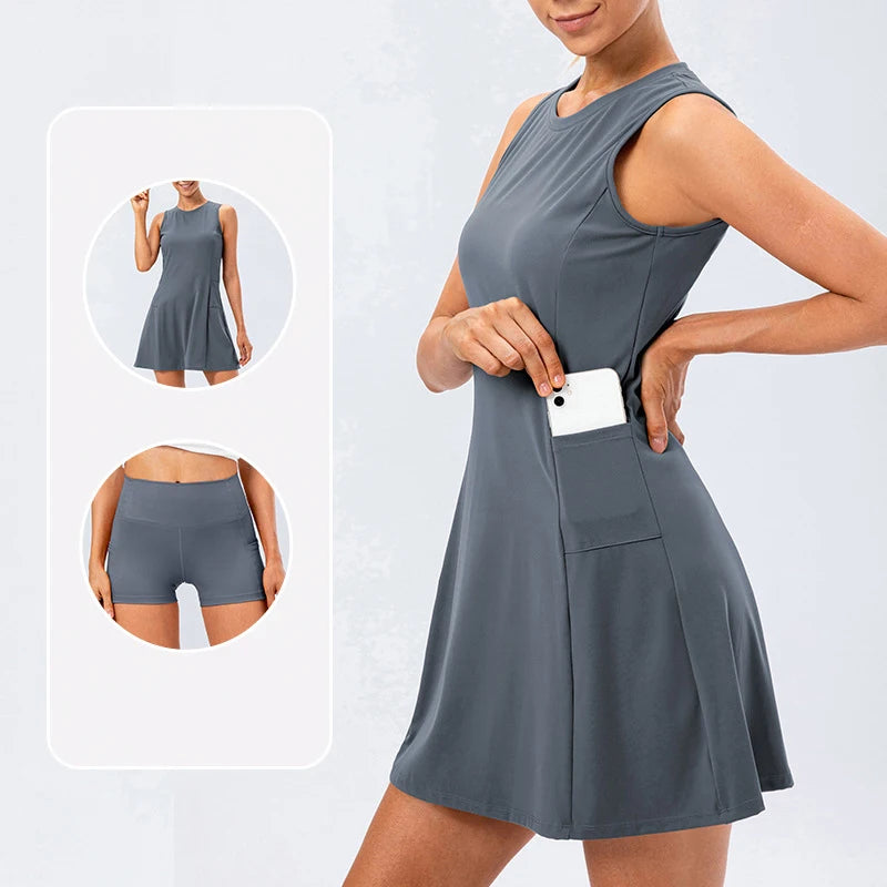 IMIEMIE Tennis Dress Women With Separate Shorts Sleeveless Golf Sport Skirts Set with Pockets Training Running Fitness Female Badminton