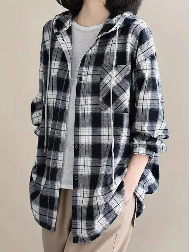 IMIEMIE Top Women Clothing Checkered Shirt Hooded Cardigan Jacke Loose Top Ladies Versatile T Korean Style Streetwear Spring Summer Y2k