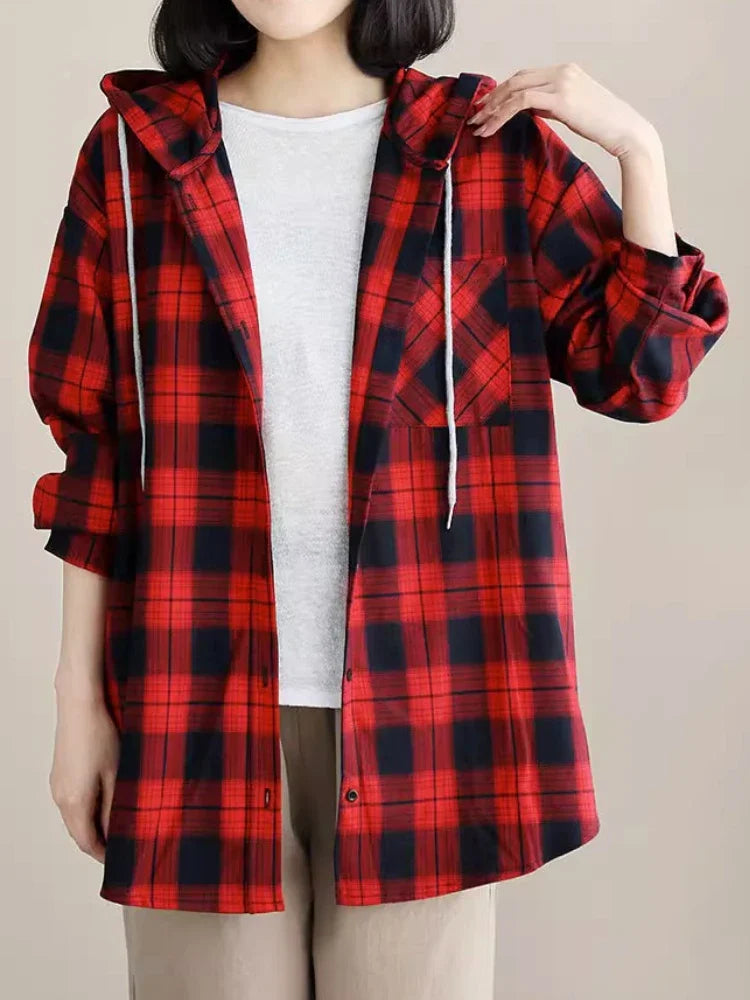 IMIEMIE Top Women Clothing Checkered Shirt Hooded Cardigan Jacke Loose Top Ladies Versatile T Korean Style Streetwear Spring Summer Y2k