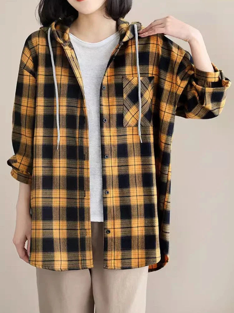 IMIEMIE Top Women Clothing Checkered Shirt Hooded Cardigan Jacke Loose Top Ladies Versatile T Korean Style Streetwear Spring Summer Y2k