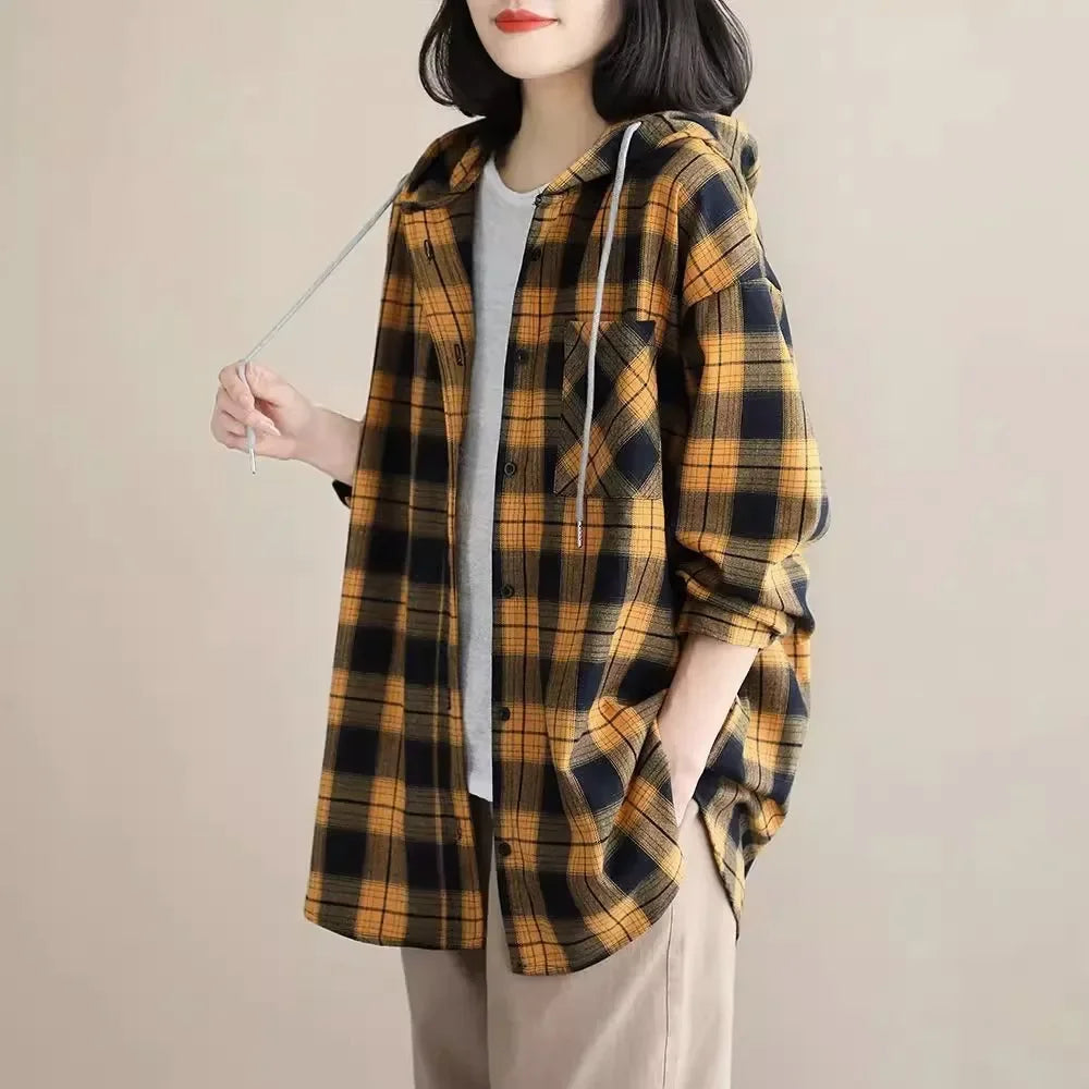 IMIEMIE Top Women Clothing Checkered Shirt Hooded Cardigan Jacke Loose Top Ladies Versatile T Korean Style Streetwear Spring Summer Y2k