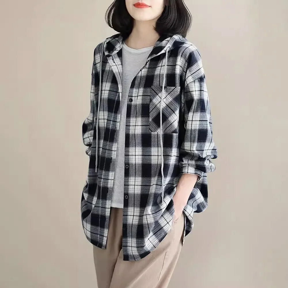 IMIEMIE Top Women Clothing Checkered Shirt Hooded Cardigan Jacke Loose Top Ladies Versatile T Korean Style Streetwear Spring Summer Y2k