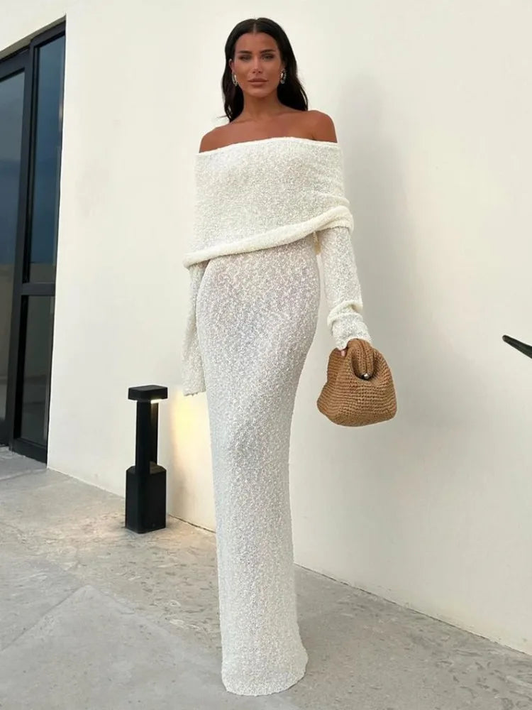 IMIEMIE Tossy Knit Hollow Out Off-Shoulder Maxi Dress Female Cover up Loose Long Sleeve Holiday Beach Party Dress Women Knitwear Dress