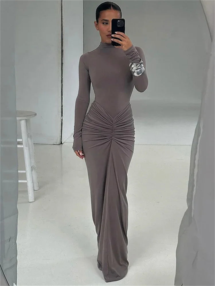 IMIEMIE Tossy Pleated Fashion Patchwork Long Dress Women's High Waist Long Sleeve Solid Slim Party Dress Summer 2024 Female Maxi Dress