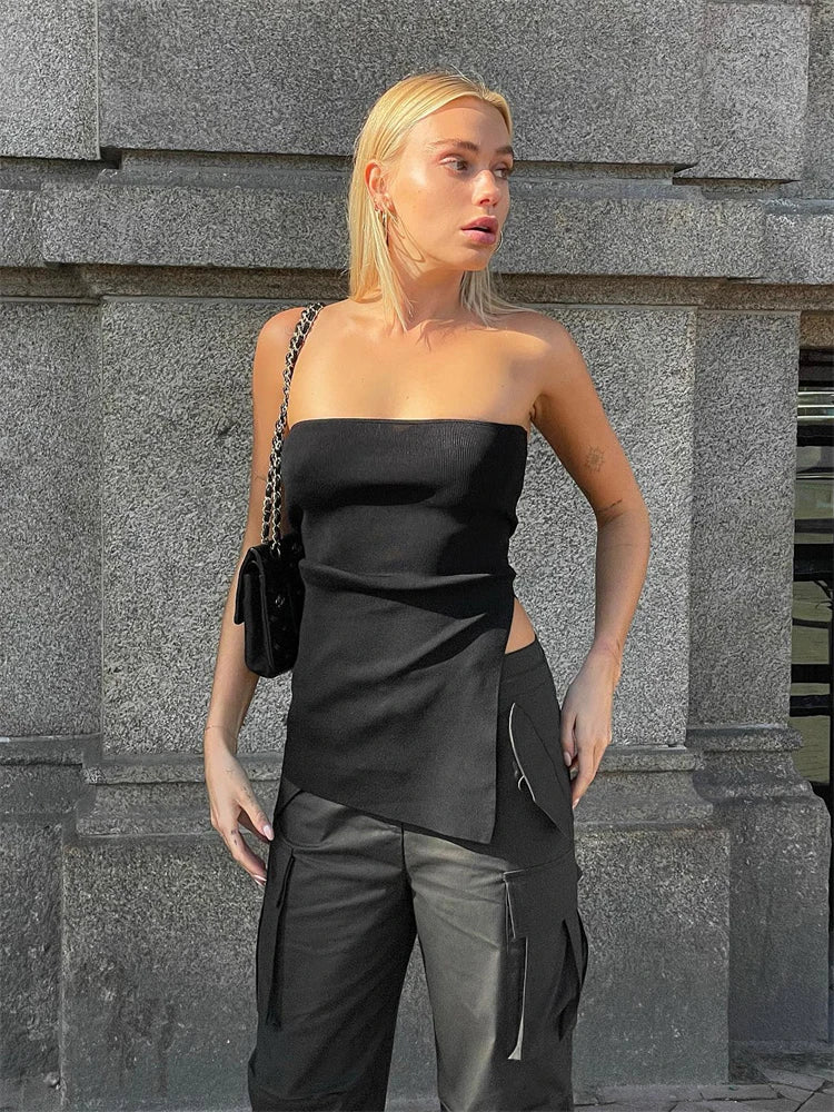 IMIEMIE Tossy Ribbed Knit Tube Top Summer Strapless Casual Streetwear Long Bustier Tops For Women Black Hot Bandeau Tops Wrapped Corset