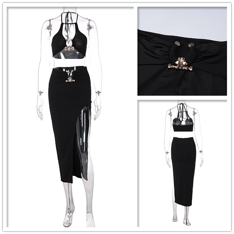 IMIEMIE Townlike Sexy Two Piece Set Halter Crop Top And Split Maxi Long Skirts Slim 2 Pieces Sets Women 2024 Summer Club Party Outfits