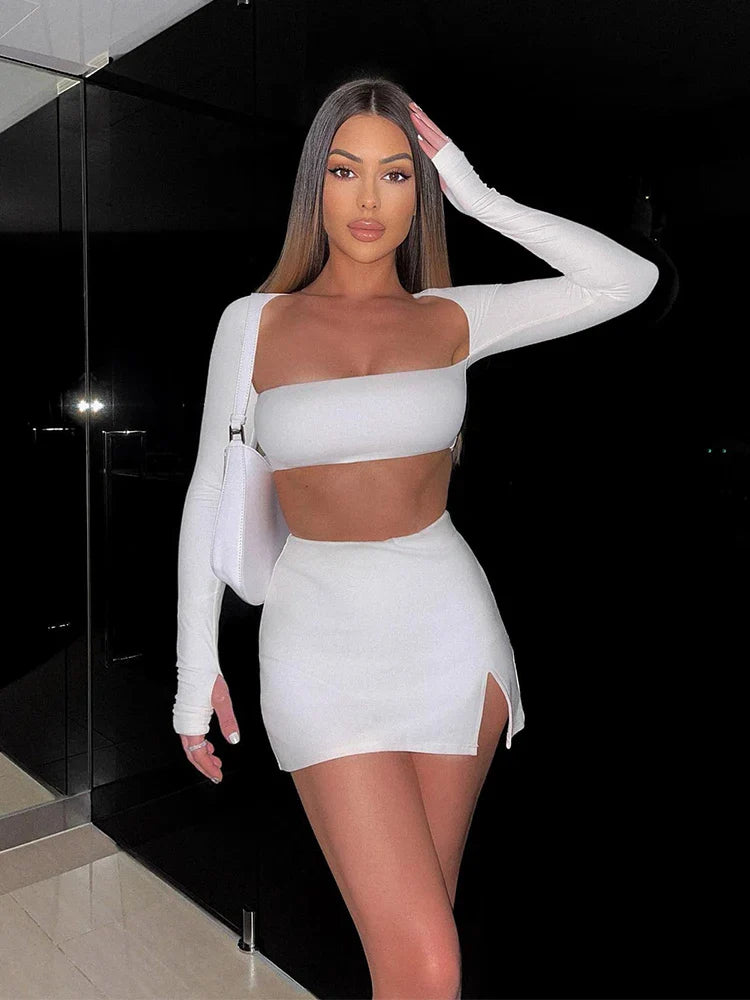 IMIEMIE Townlike White Sexy Two Piece Set Long Sleeve Crop Top And Side Split Mini Skirts Slim 2 Pieces Sets Women 2024 Autumn Outfits