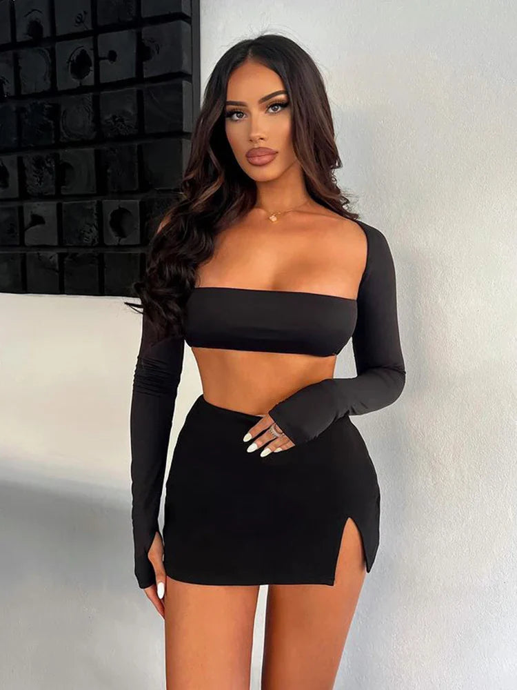 IMIEMIE Townlike White Sexy Two Piece Set Long Sleeve Crop Top And Side Split Mini Skirts Slim 2 Pieces Sets Women 2024 Autumn Outfits