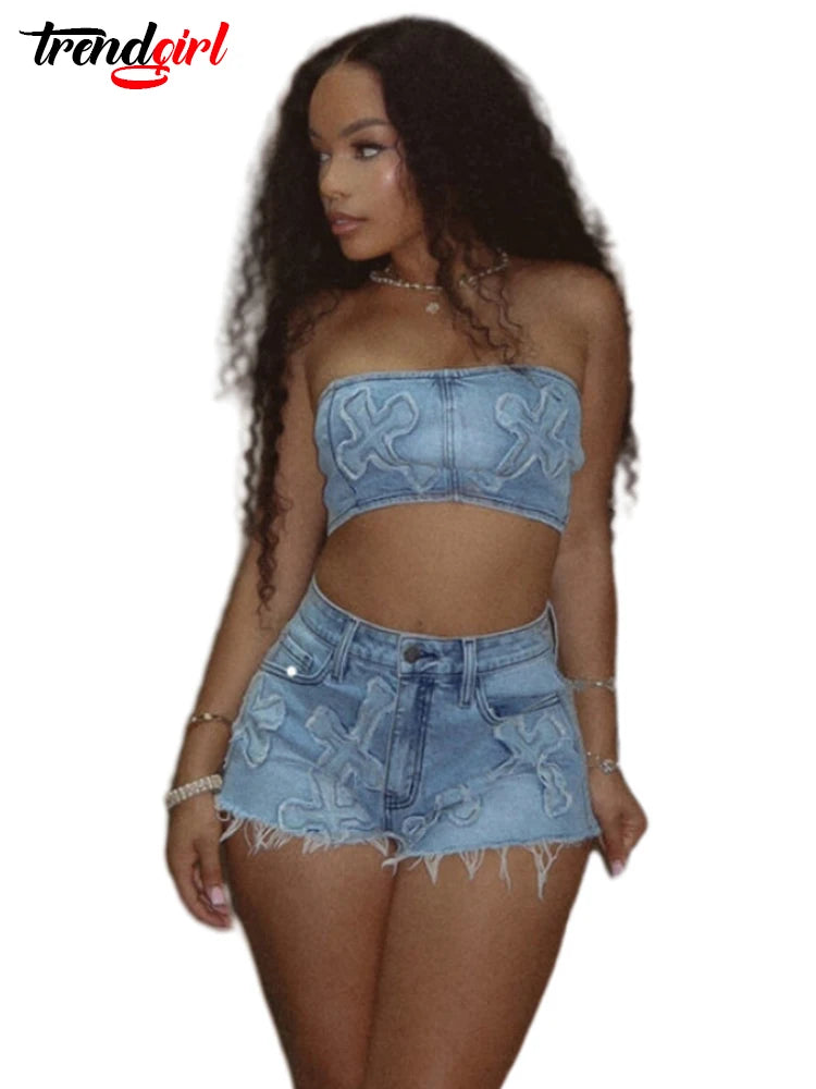 IMIEMIE Trendgirl Sexy Night Club Stretch Denim Embroidery Two 2 Piece Sets Women Strapless Cargo Tops and Shorts Outfits Beach  Suits