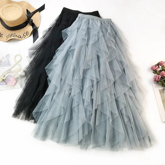 IMIEMIE Tulle Long Maxi Skirt Women Fashion 2024 Korean Cute Pink High Waist Pleated Tutu Skirt Mesh Female Lady Mesh Skirt