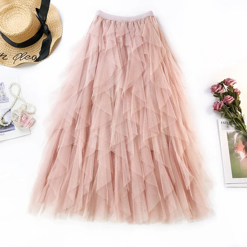 IMIEMIE Tulle Long Maxi Skirt Women Fashion 2024 Korean Cute Pink High Waist Pleated Tutu Skirt Mesh Female Lady Mesh Skirt