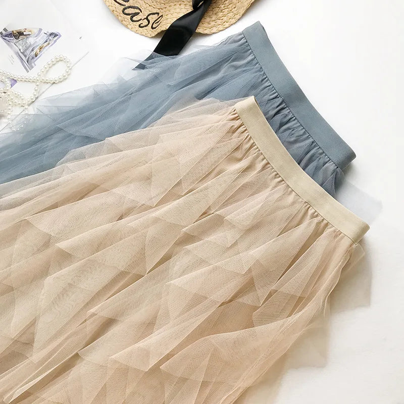 IMIEMIE Tulle Long Maxi Skirt Women Fashion 2024 Korean Cute Pink High Waist Pleated Tutu Skirt Mesh Female Lady Mesh Skirt