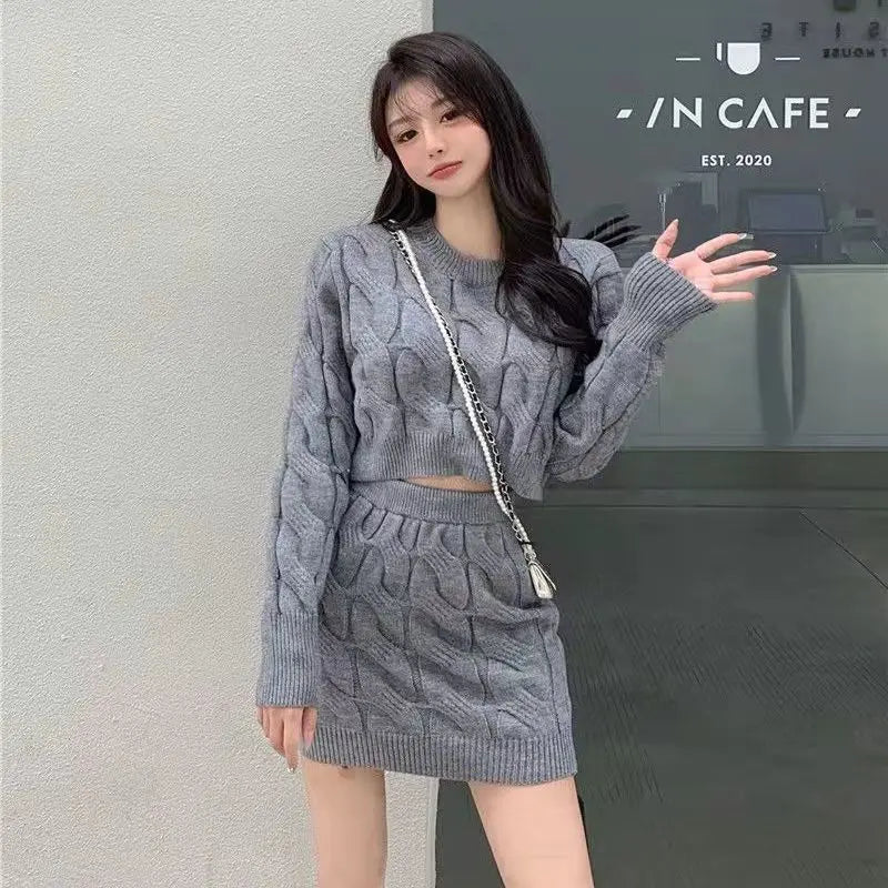 IMIEMIE Two Piece OF Pullover Autumn/Winter Knitted Sweater Set Pure Desire Short Sweater Sexy Spicy Girl Arm Wrap Skirt Sweater Female