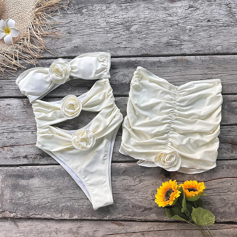 IMIEMIE Two-Pieces Women Floral Lace Up 2024 Push-Up Padded Bra White Swimsuit Swimwear Bathing Suit Beachwear Monokini Female