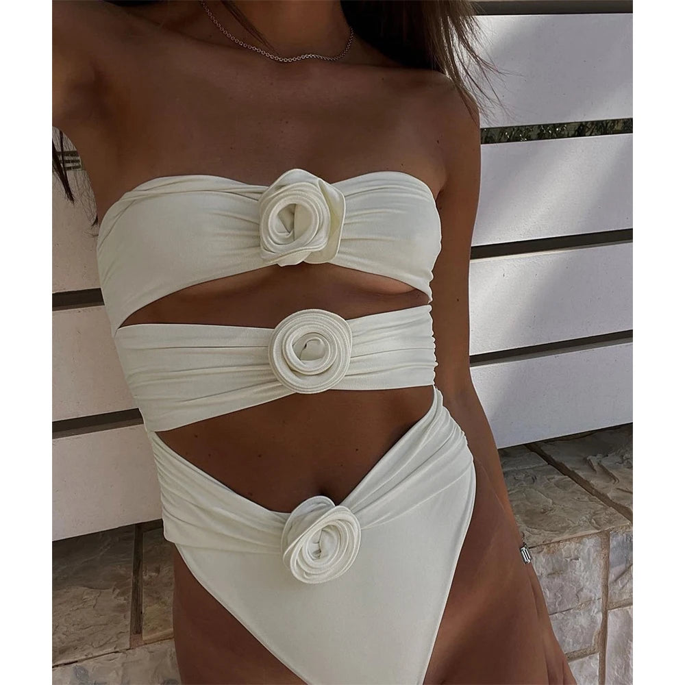 IMIEMIE Two-Pieces Women Floral Lace Up 2024 Push-Up Padded Bra White Swimsuit Swimwear Bathing Suit Beachwear Monokini Female