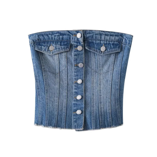 IMIEMIE UNIZERA 2024 Autumn New Line Women's Elastic Tight Button Decoration Denim Top Tank Top Wrap Bra