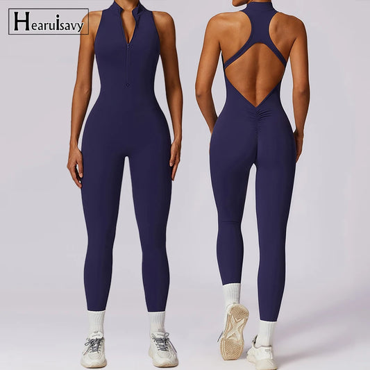 IMIEMIE V Back One-piece Suit Women Sports Jumpsuit  Zippers Yoga Rompers Backless Sportswear Women Sleeveles Workout Bodysuits Female