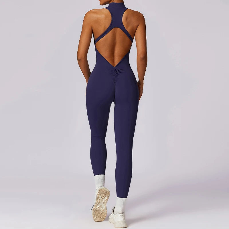 IMIEMIE V Back One-piece Suit Women Sports Jumpsuit  Zippers Yoga Rompers Backless Sportswear Women Sleeveles Workout Bodysuits Female