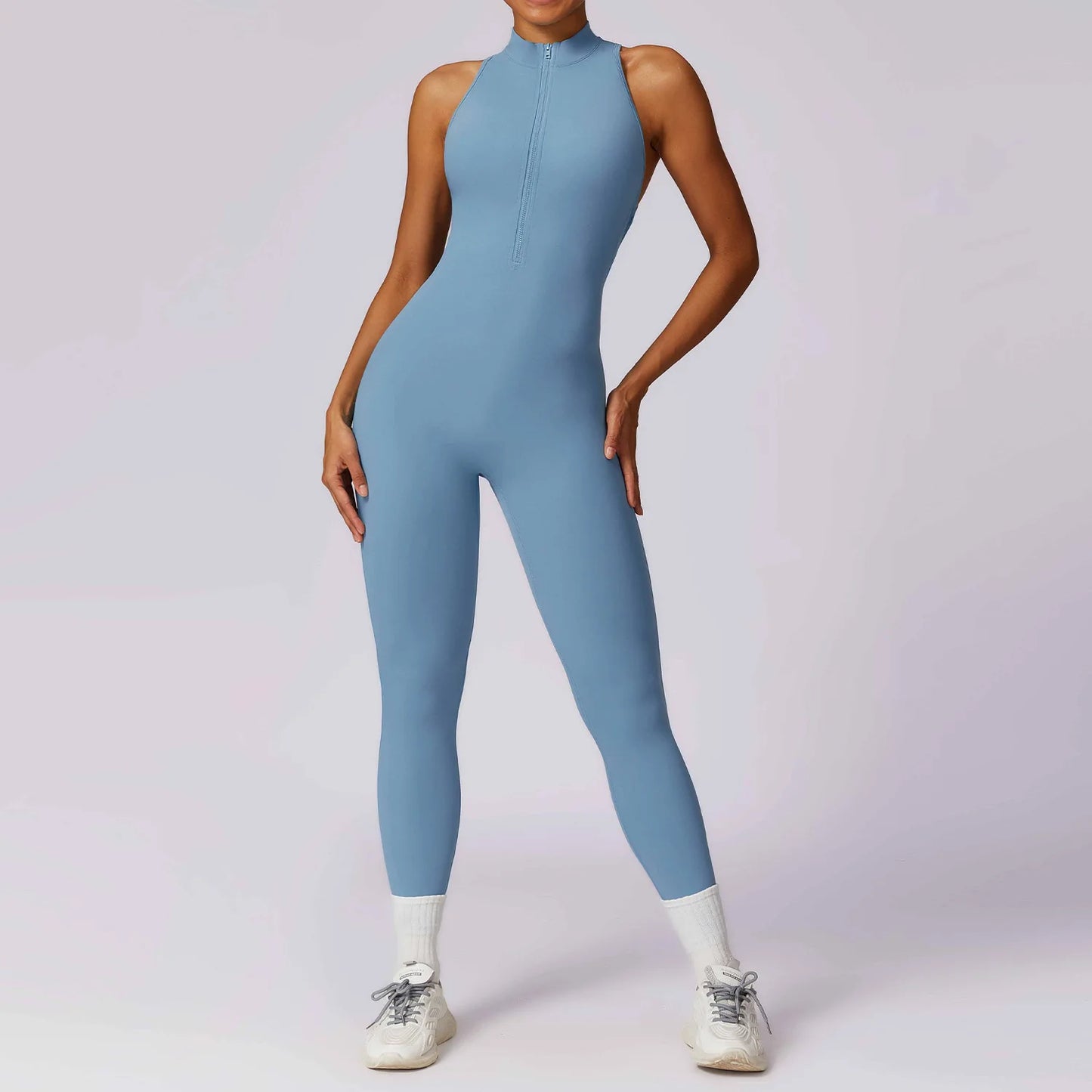 IMIEMIE V Back One-piece Suit Women Sports Jumpsuit  Zippers Yoga Rompers Backless Sportswear Women Sleeveles Workout Bodysuits Female