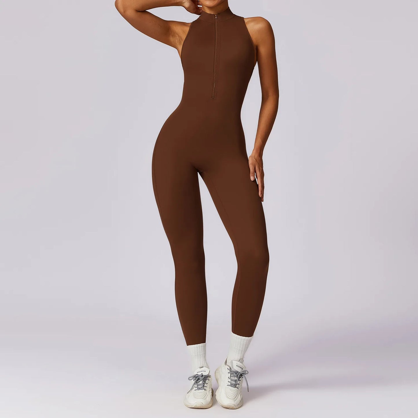 IMIEMIE V Back One-piece Suit Women Sports Jumpsuit  Zippers Yoga Rompers Backless Sportswear Women Sleeveles Workout Bodysuits Female