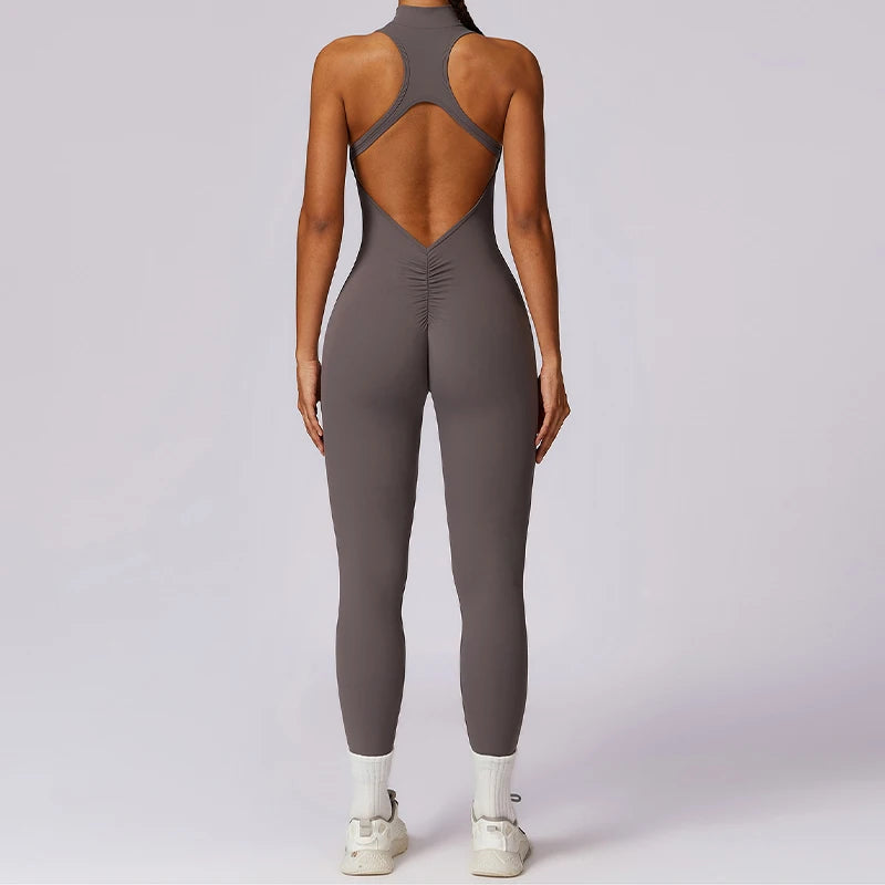 IMIEMIE V Back One-piece Suit Women Sports Jumpsuit  Zippers Yoga Rompers Backless Sportswear Women Sleeveles Workout Bodysuits Female