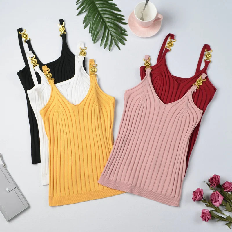 IMIEMIE V-neck Halter Sweet Camisole Top 2024 Summer Women Sexy off-Shoulder Solid Color Sleeveless Camis Women's Clothing Tanks Tops