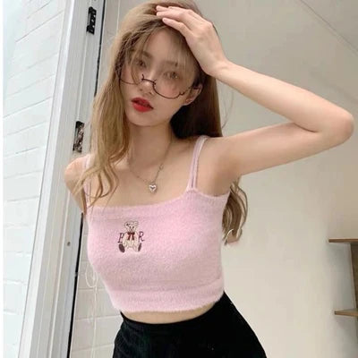 IMIEMIE V-neck Halter Sweet Camisole Top 2024 Summer Women Sexy off-Shoulder Solid Color Sleeveless Camis Women's Clothing Tanks Tops