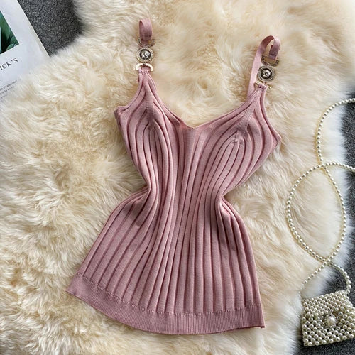 IMIEMIE V-neck Halter Sweet Camisole Top 2024 Summer Women Sexy off-Shoulder Solid Color Sleeveless Camis Women's Clothing Tanks Tops