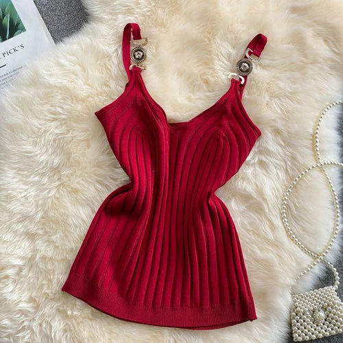 IMIEMIE V-neck Halter Sweet Camisole Top 2024 Summer Women Sexy off-Shoulder Solid Color Sleeveless Camis Women's Clothing Tanks Tops