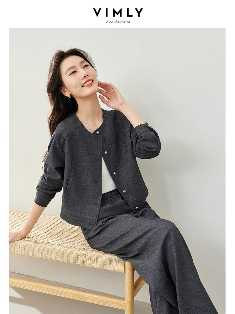 IMIEMIE VIMLY Women's Two Piece Set Autumn Long Sleeve Cardigan Jacket+Elastic Waist Pants Commuter Style Casual Simple Workwear Suit