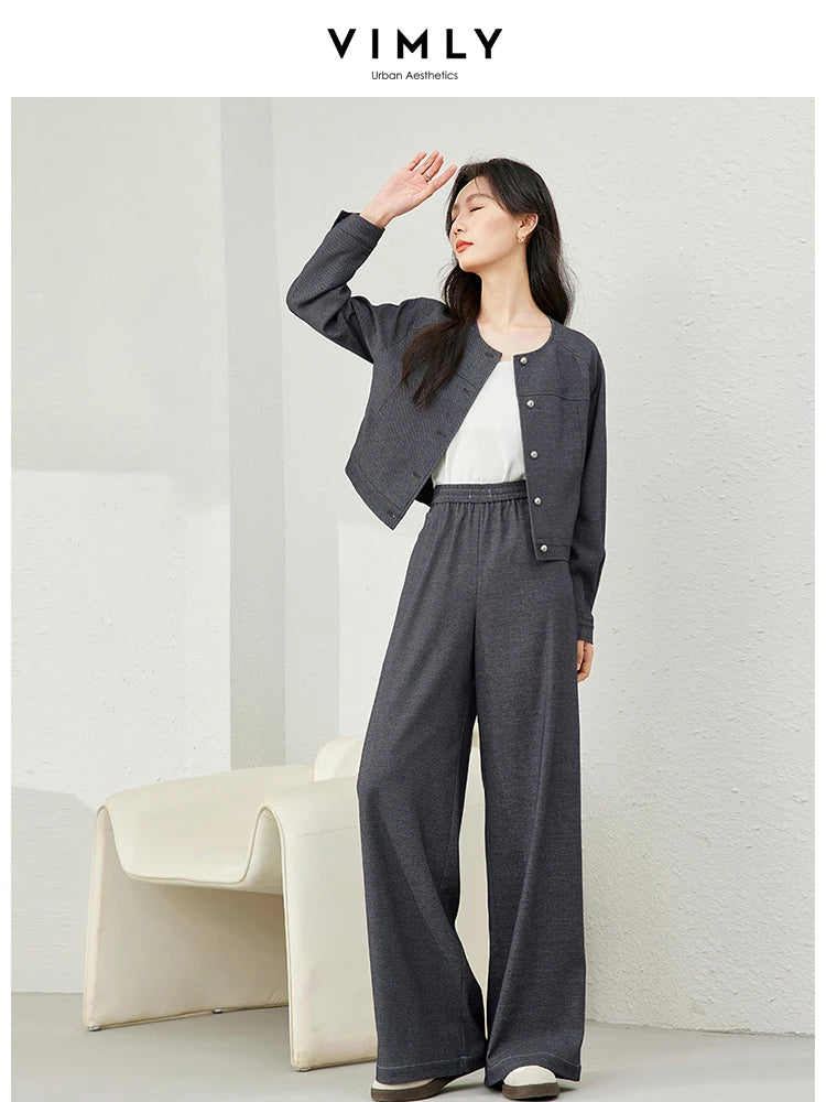 IMIEMIE VIMLY Women's Two Piece Set Autumn Long Sleeve Cardigan Jacket+Elastic Waist Pants Commuter Style Casual Simple Workwear Suit