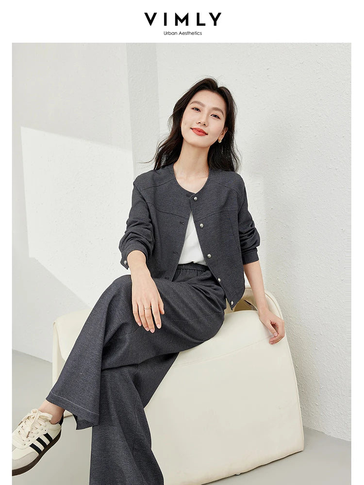 IMIEMIE VIMLY Women's Two Piece Set Autumn Long Sleeve Cardigan Jacket+Elastic Waist Pants Commuter Style Casual Simple Workwear Suit