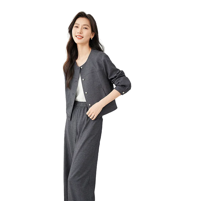 IMIEMIE VIMLY Women's Two Piece Set Autumn Long Sleeve Cardigan Jacket+Elastic Waist Pants Commuter Style Casual Simple Workwear Suit