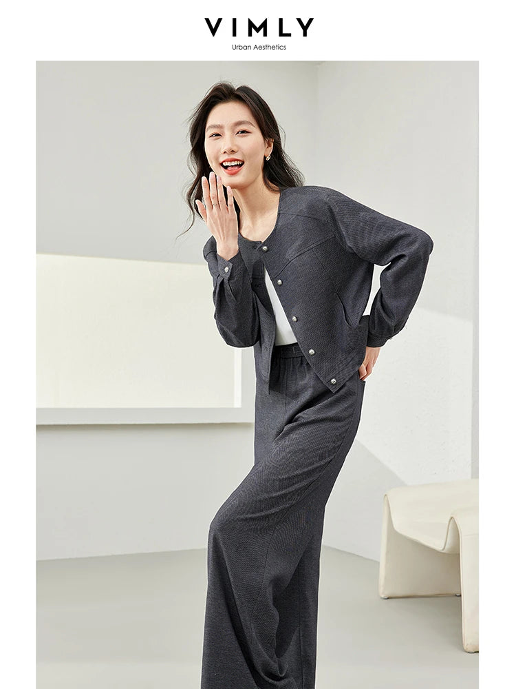 IMIEMIE VIMLY Women's Two Piece Set Autumn Long Sleeve Cardigan Jacket+Elastic Waist Pants Commuter Style Casual Simple Workwear Suit