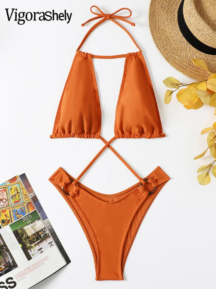 IMIEMIE Vigorashely 2024 Sexy Brown Halter Swimwear Women High Cut Ring Hollow One Piece Swimsuit Monokini Cross Backless Bathing Suit