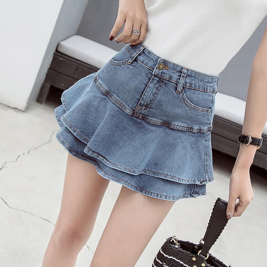 IMIEMIE Vintage Denim Mini Skirts Women Summer Sexy Solid Colour Ball Gown Skirts Jeans Female Casual Pocket Slim A-line Mini Skirts