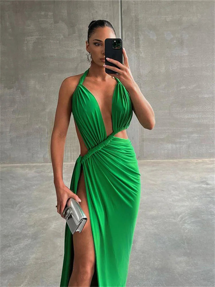 IMIEMIE WJFZQM Fashion Halter V-neck Long Dress Elegant Robe Backless Dresses Women Party Club High Side Split Female Evening Partywear