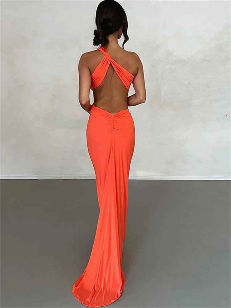 IMIEMIE WJFZQM Sexy One Shoulder Sleeveless Slit Ruched Backless Bodycon Dress Elegant Green Party Pleated Long Dress Women 2024 Summer