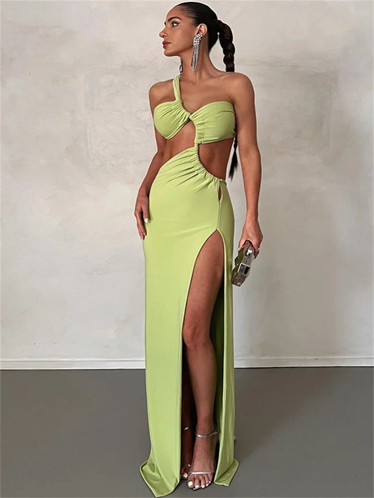 IMIEMIE WJFZQM Sexy One Shoulder Sleeveless Slit Ruched Backless Bodycon Dress Elegant Green Party Pleated Long Dress Women 2024 Summer