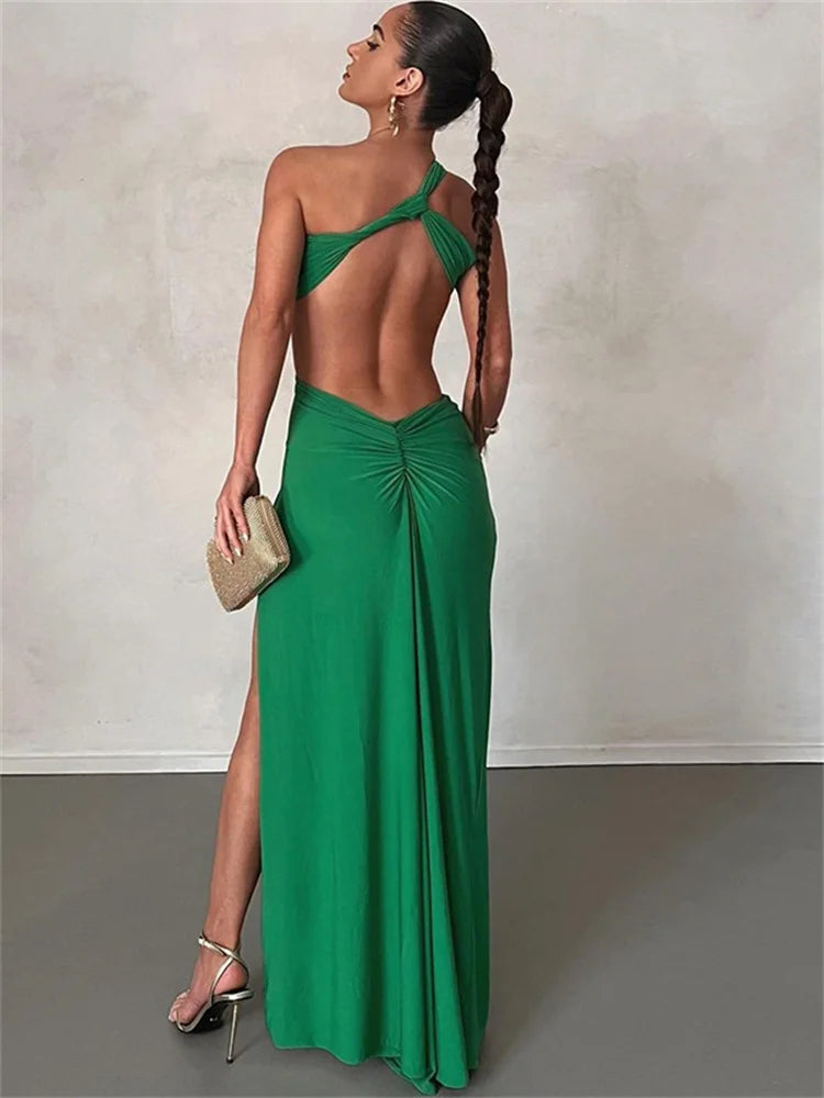 IMIEMIE WJFZQM Sexy One Shoulder Sleeveless Slit Ruched Backless Bodycon Dress Elegant Green Party Pleated Long Dress Women 2024 Summer