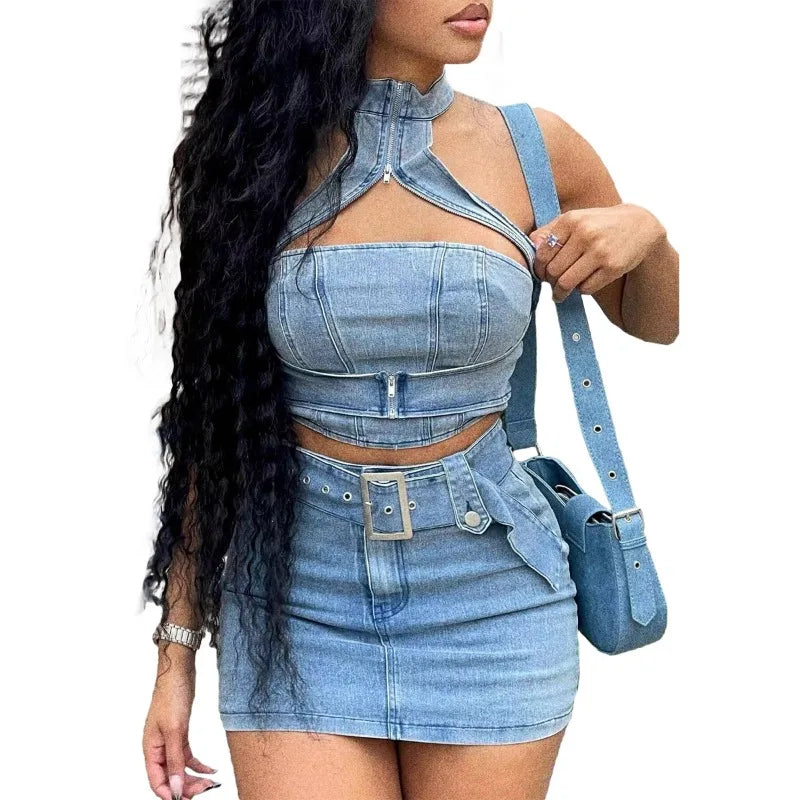 IMIEMIE ashed Denim Women 2 Piece Set Sleeveless Halter Neck Crop Top High Waist Skinny Mini Skirts Matching Set 2024 Summer Outfits