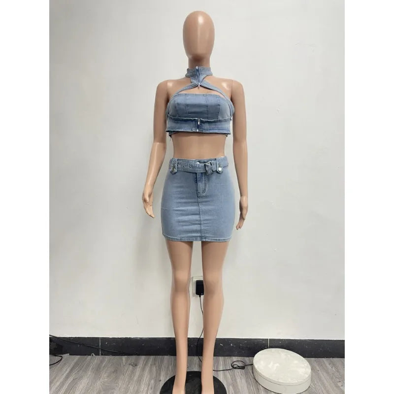 IMIEMIE ashed Denim Women 2 Piece Set Sleeveless Halter Neck Crop Top High Waist Skinny Mini Skirts Matching Set 2024 Summer Outfits