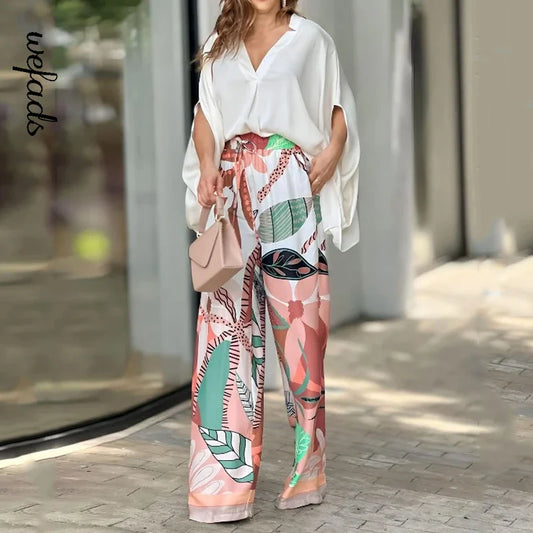 IMIEMIE Wefads Two Piece Set Summer Casual Solid V Neck Batwing Sleeve Loose Top Wide Legs Printed Stretch Waist Pants Sets Streetwear